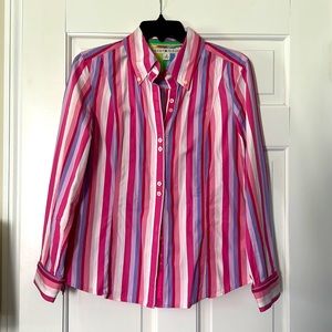 Tommy Hilfiger, women’s M, button-down shirt, three buttons on the sleeve.